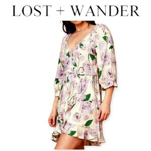 Lost + Wander Lilac Green Floral Faux Wrap Mini Dress Size S Boho Ruffle Hem